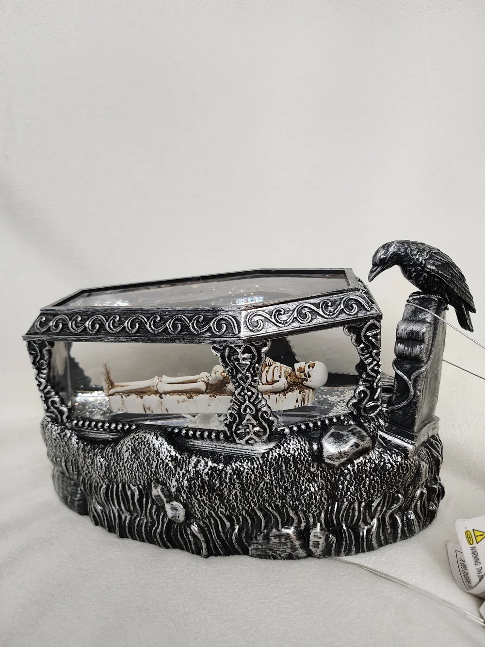 Silver Gothic Raven Glass Lightup Coffin Skeleton Décor